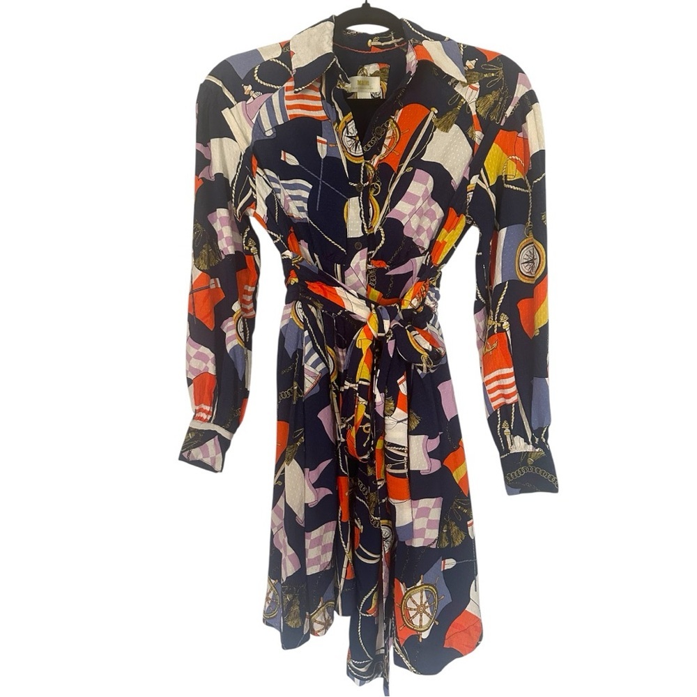 Maeve by Anthropologie Blue Orange Flag & Rope Nautical Textured Dress Size XXS - Picture 2 of 8